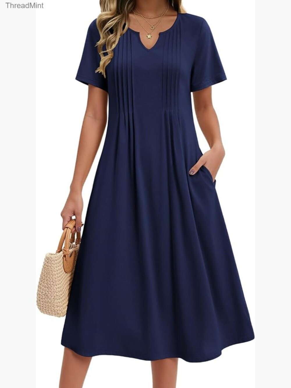 Summer Casual Short Sleeve A-Line Midi Dress with Pockets Flowy Pleated